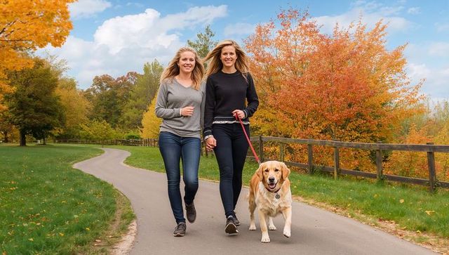 Couple walking hand in hand with golden retriever on autumn park path