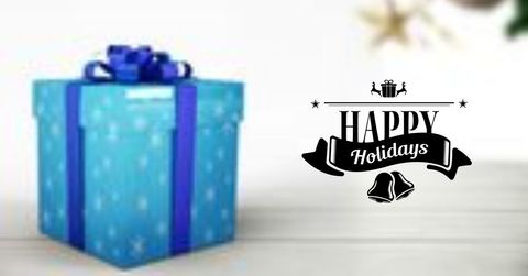 Festive blue gift with holiday greetings banner