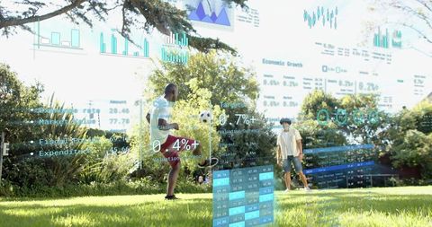 Playing soccer in sunny park with augmented reality finance charts and data overlays
