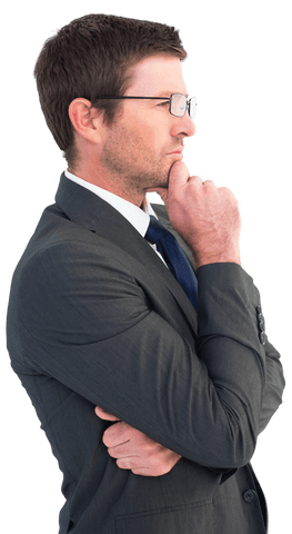 Pensive Caucasian Businessman Wearing Glasses on Transparent Background