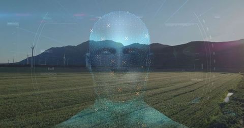 Futuristic holographic head over eco-friendly fields with wind turbines