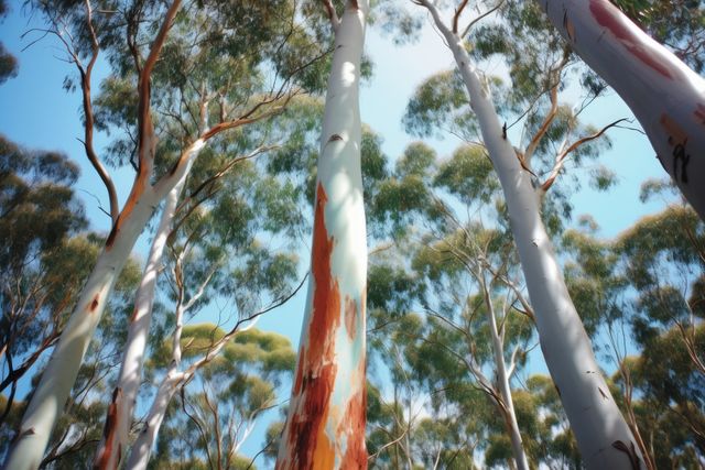 Eucalyptus trees are standing tall under a clear blue sky, surrounded by lush green foliage. The bark of the trees is peeling, revealing different shades of color. This scene depicts a tranquil and serene nature setting, perfect for showcasing the beauty of forests, tree identification guides, or nature-related educational content.