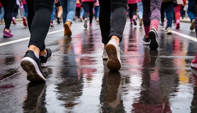 Runners moving through rainy street reflecting colorful sneakers and motion