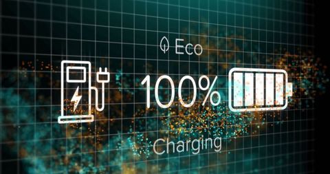 Eco charging display with battery and leaf symbols
