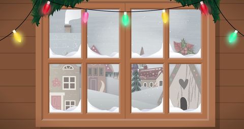 Cozy christmas window view with snowy village scene