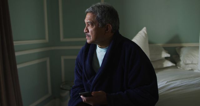 Senior Man in Bathrobe Contemplating Life at Home - Download Free Stock Images Pikwizard.com