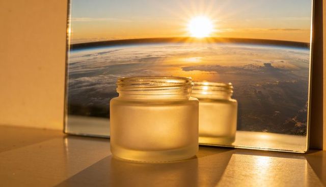 Frosted glass jar reflecting golden sunrise over earth horizon in mirror window