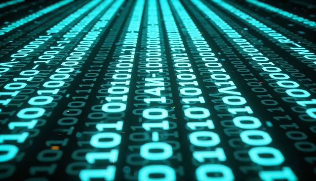 Glowing binary code bands receding into depth on neon glossy grid