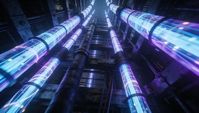 Glowing cyberpunk conduits pulsing blue-violet through industrial shaft