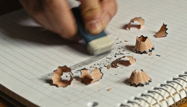 Adult hand erasing pencil line on spiral-bound notebook with shavings and eraser dust