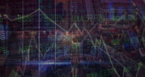 Businesswoman Analyzing Financial Data in Futuristic Cityscape