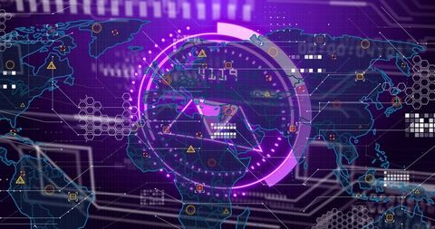 Futuristic HUD World Map Interface with Radial Scanning Neon Magenta Grid and Hex Overlay