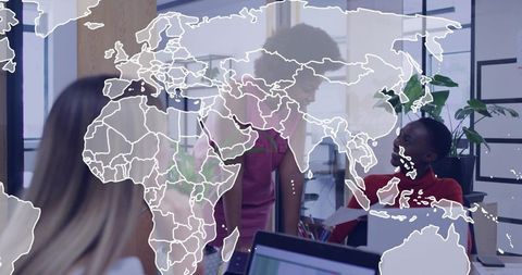 Leading global team meeting with map overlay, diverse women collaborating on strategy