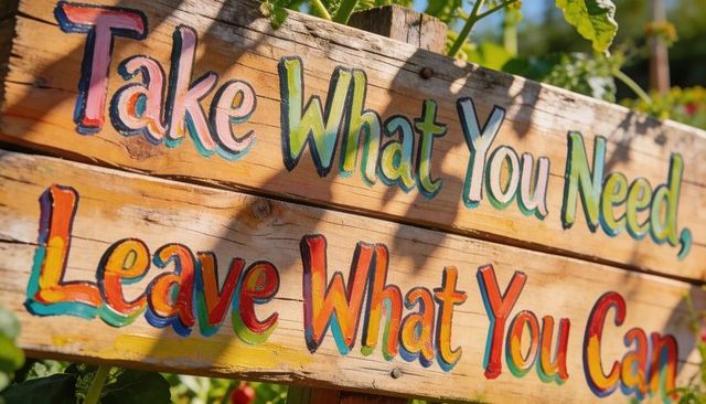 Hand-painted wooden sign reading 'take what you need, leave what you can' in sunlit garden