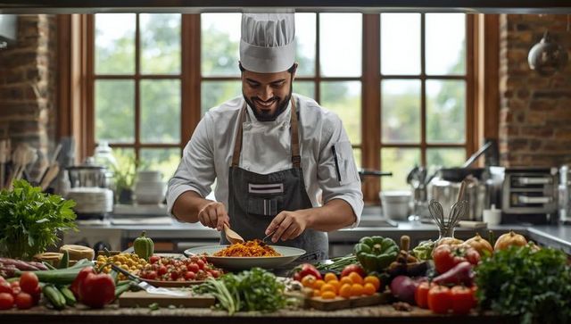 Chef Artfully Plating Pasta Dish in Rustic Kitchen with Fresh Ingredients