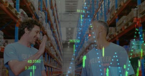 Volunteers in Warehouse with Digital Financial Graphics Overlay