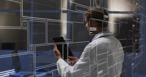 Scientist wearing lab coat using tablet with futuristic digital interface overlay