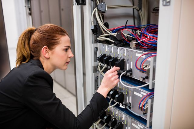 Technician is examining server equipment, suggesting a professional and technical environment. Image can be used to depict IT jobs, technical support services, or business technology solutions. Perfect for websites, brochures, or articles about technology, data centers, network management, and IT infrastructure.