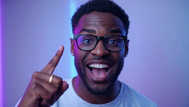 Excited smiling man pointing upward wearing glasses and white tee with purple led glow