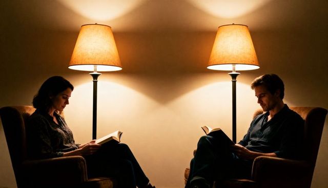 Couple reading under warm lamps, cozy evening intimacy and quiet companionship