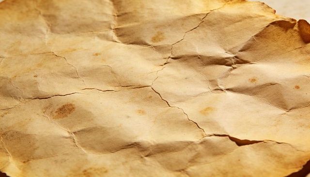 Crumpled aged parchment featuring stains, creases and torn edge close-up texture