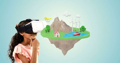 Young explorer with vr headset experiencing fantasy island world