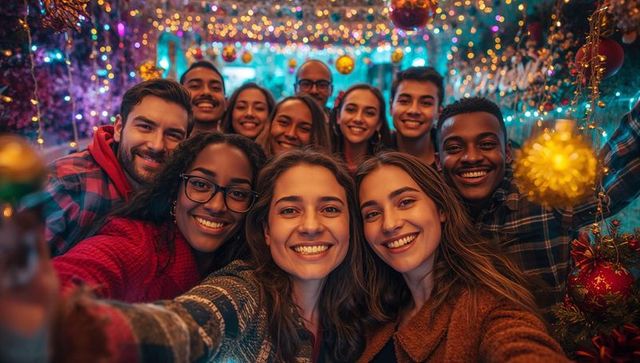 Diverse Group of Friends Celebrating Holidays with Cheerful Selfie