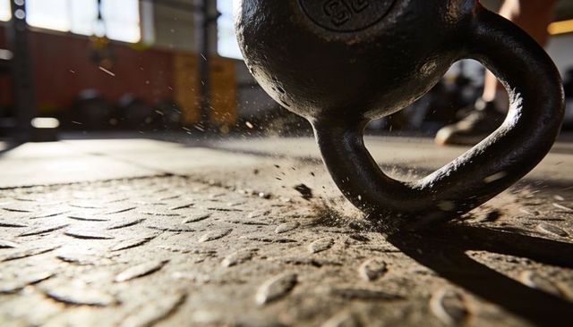 Low-angle kettlebell striking gym floor, kicking chalk and dust, backlit strength training action