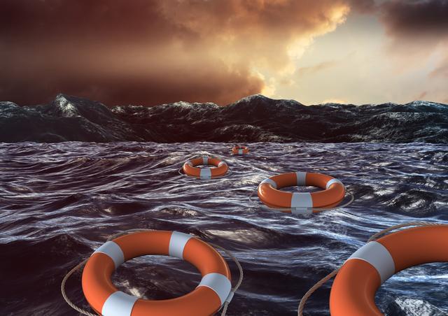 This dramatic scene of lifebuoys floating on a stormy sea can be used to highlight themes of survival, rescue, and emergency preparedness. Ideal for use in disaster preparedness campaigns, maritime safety materials, and inspirational visuals showcasing perseverance against the storm.