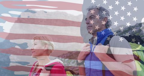 Senior Couple Hiking with American Flag Overlay, Outdoors Adventure and Patriotism