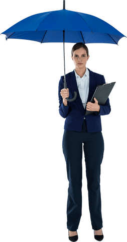 Businesswoman Holding Blue Umbrella and Clipboard on Transparent Background