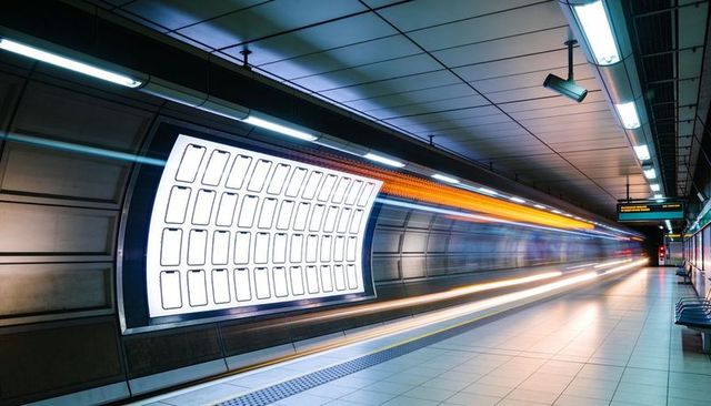Underground subway train racing through platform leaving neon light trails and empty ad panel