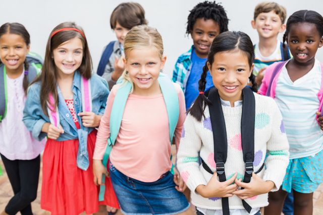 Group of diverse school children standing together on school terrace, wearing backpacks and smiling. Ideal for use in educational materials, advertisements for school supplies, back-to-school campaigns, and articles promoting diversity and inclusion in education.