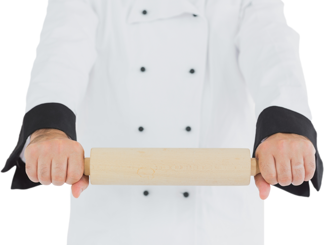 Chef Holding Wooden Rolling Pin with Uniform on Transparent Background - Download Free Stock Videos Pikwizard.com