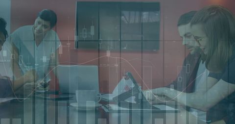 Diverse Team Analyzing Financial Reports with Digital Graph Interface