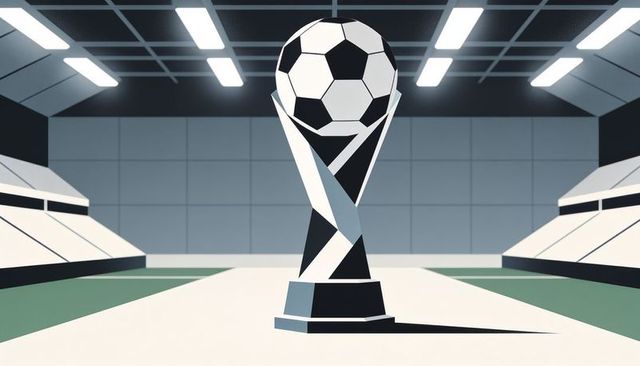 Minimalist soccer trophy standing on central aisle casting long shadow in stadium