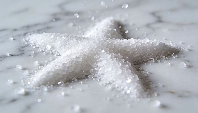 Coarse salt crystals forming star shape on marble surface sparkling and reflecting light