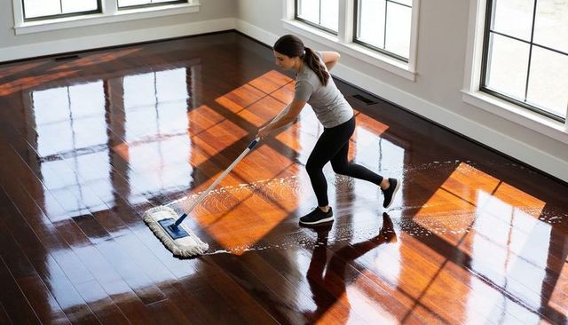 Woman mopping glossy hardwood floor in sunlit empty room wearing gray shirt and black leggings