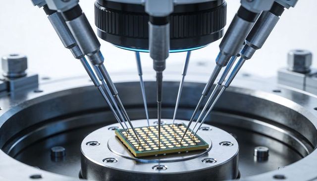 Microprobes contacting gold-bumped test chip on probe station for semiconductor testing