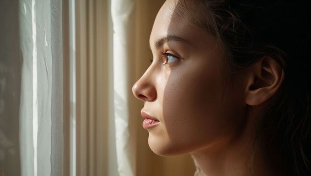 Teen girl gazing through sheer curtains in soft window light, serene profile portrait