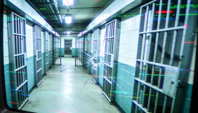 Cracked security glass revealing prison corridor with barred cells and digital glitch
