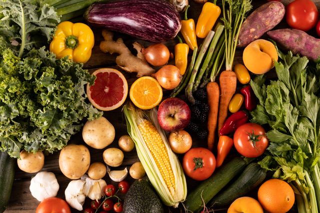 Full frame shot of various fresh vegetables and fruits including kale, bell peppers, eggplant, corn, tomatoes, carrots, and citrus fruits. Ideal for promoting healthy eating, organic food markets, nutrition blogs, and vegan or vegetarian lifestyle content.