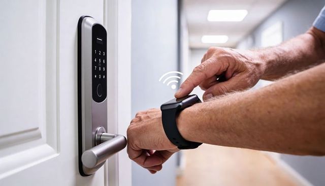 Senior tapping smartwatch unlocking smart lock for keyless door access in hallway