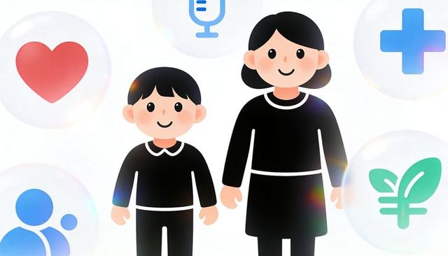 Standing mother and son minimalist family illustration with heart, health, finance icons