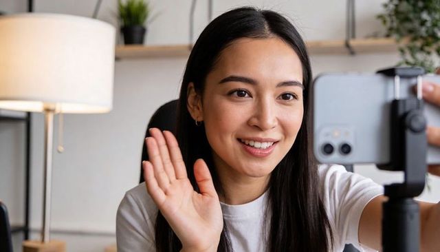 Young woman vlogging from home waving at smartphone on tripod with cozy lamp and plants