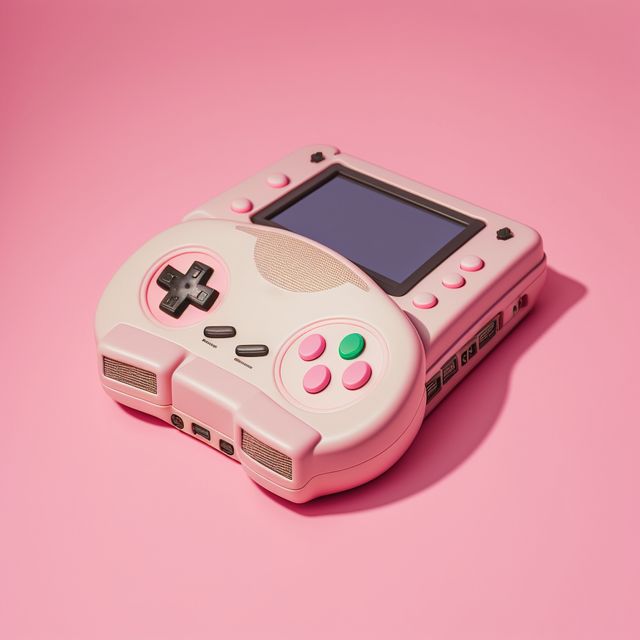 This image showcases a retro pink handheld gaming console with a matching joystick controller, set against a vibrant pink background. Ideal for use in marketing materials, blogs, and articles about vintage gaming, nostalgic technology, and retro design. Perfect for attracting gamer audiences and retro enthusiasts to social media posts and promotional campaigns.