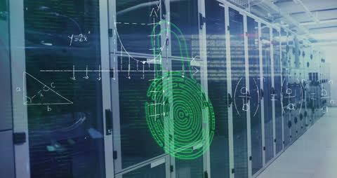 Cyber Security and Data Storage in Server Room with Digital Equations