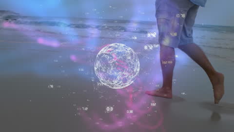 Digital Globe and Numbers Overlay on Beach Walk