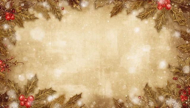 Vintage gold holly border on aged parchment with red berries and soft snow overlay