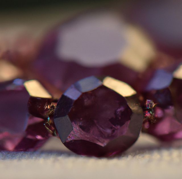 High-quality close-up image of beautifully faceted purple gemstones. The vibrant purple hues and precision cuts exemplify the elegance and luxury of jewelry designs. Ideal for use in jewelry advertisements, fashion blogs, and articles about gemstone quality and craft. Perfect for illustrations in e-commerce sites selling jewelry or as a background for design projects related to luxury and fashion.